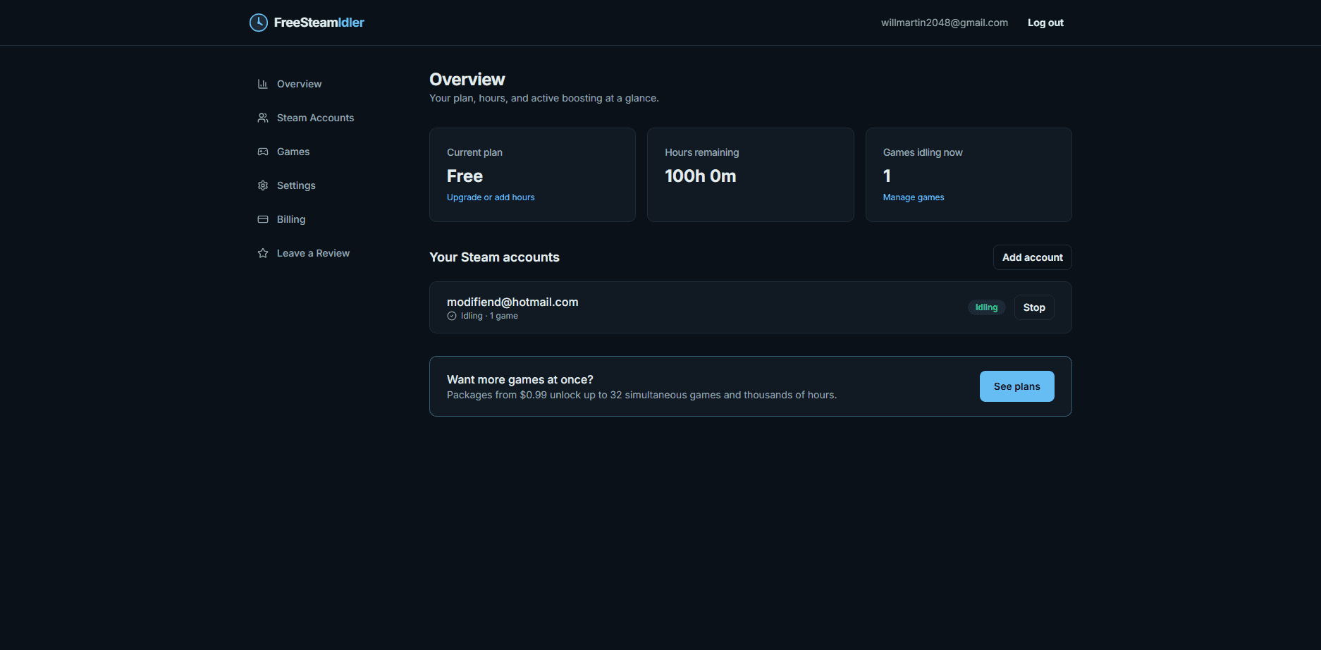 Dashboard overview: games idling with live status